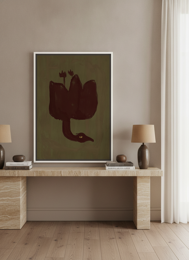 Canvas wall art with a white surround standing on a console in a luxe living room