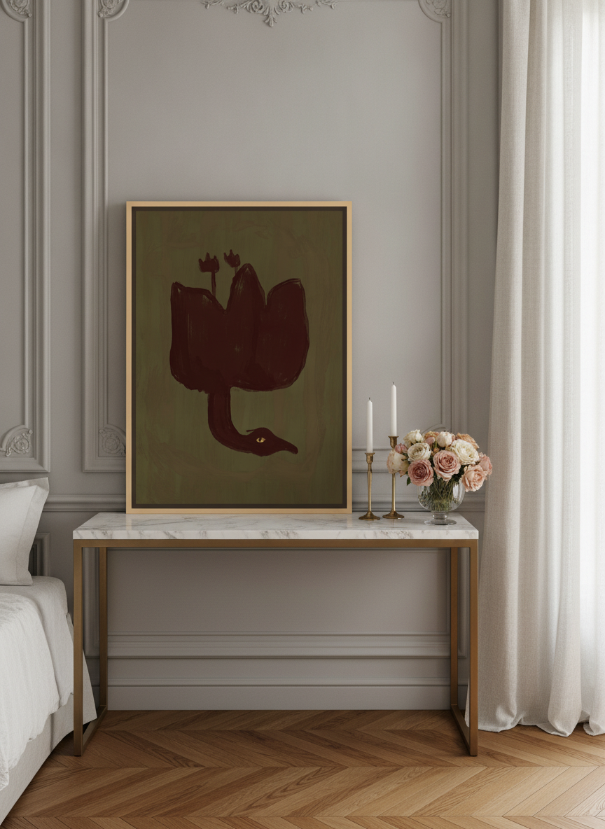 Canvas wall art with a natural timber surround standing on a console in a Parisian bedroom