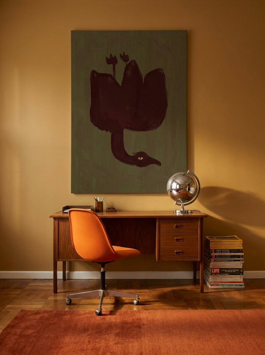 Stretched canvas wall art styled on the wall in a retro 70s home office