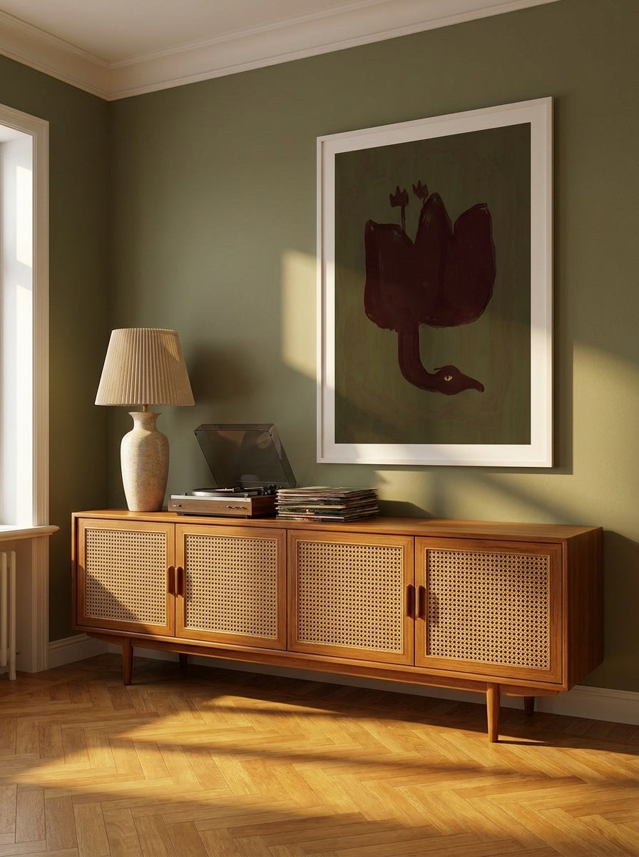 Oversized statement modern wall art print styled on the wall in a mid-century living room