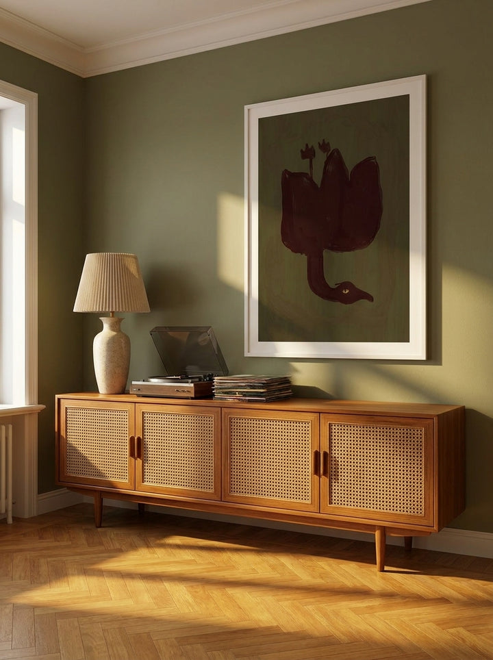 Oversized statement modern wall art print styled on the wall in a mid-century living room