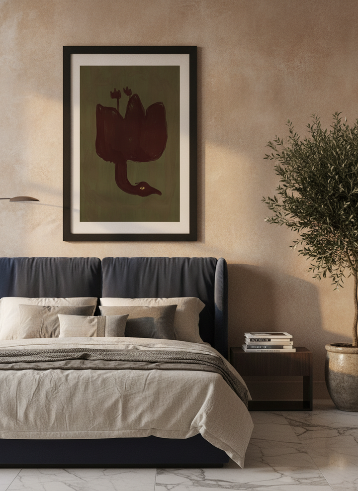 Modern wall art print styled on the wall in a luxe bedroom