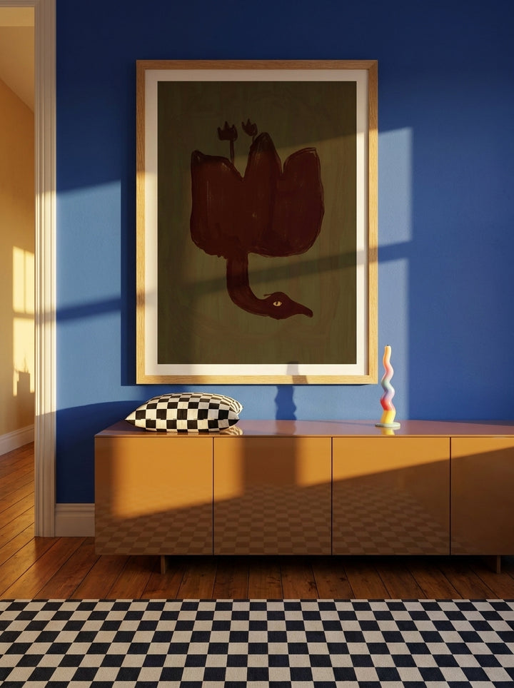 Modern wall art print styled on the wall in a colourful eclectic living room