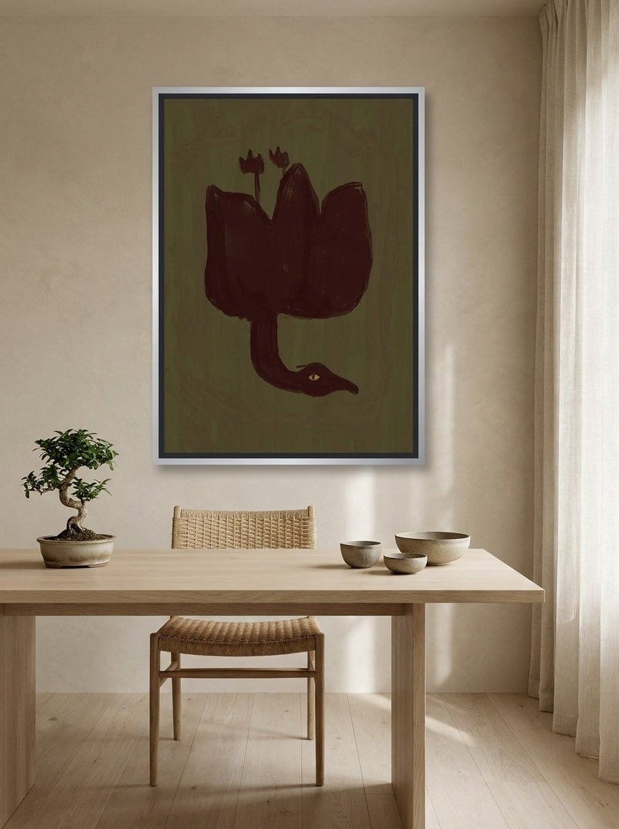 Canvas wall art with a silver leaf surround styled on the wall in a warm Japandi home office