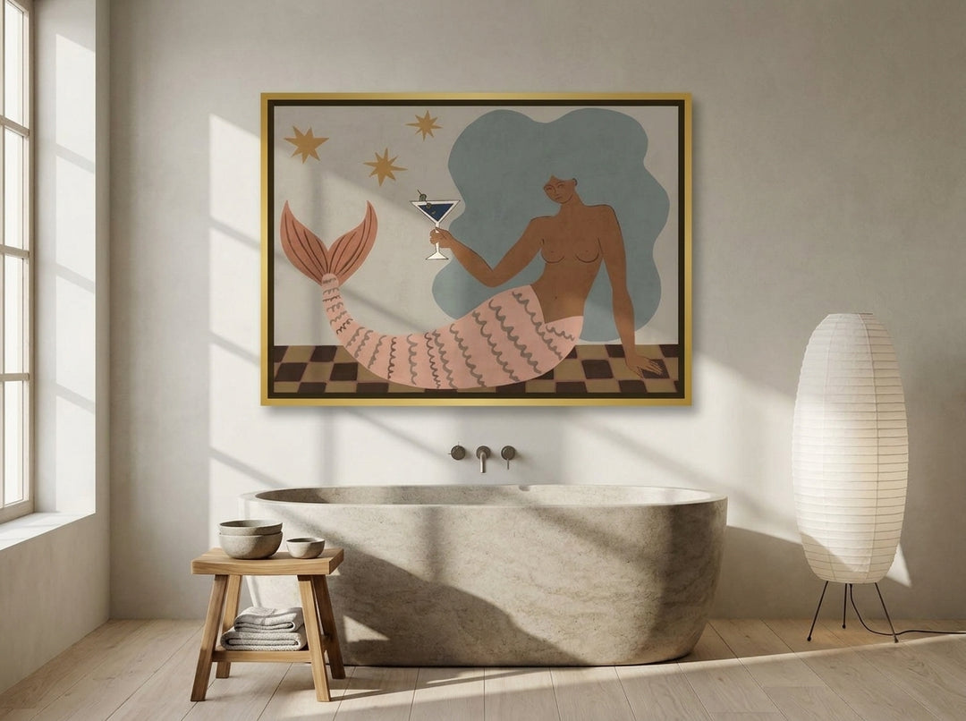 Canvas wall art with a gold leaf surround styled on the wall in a warm Japandi bathroom