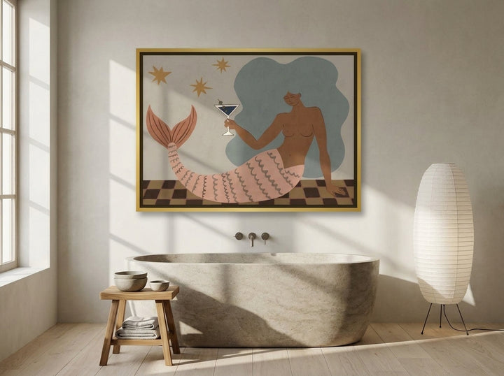 Canvas wall art with a gold leaf surround styled on the wall in a warm Japandi bathroom