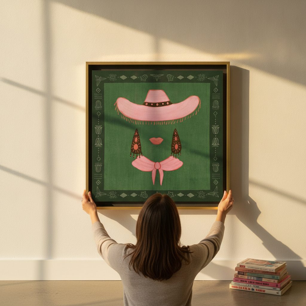 Person holding canvas wall art with a gold leaf surround in a mid-century living room