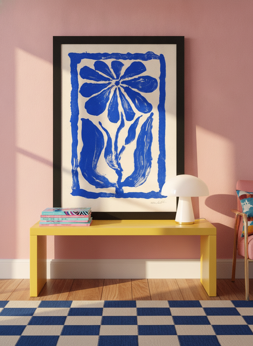 Modern wall art print standing on a side table in a colourful eclectic bedroom