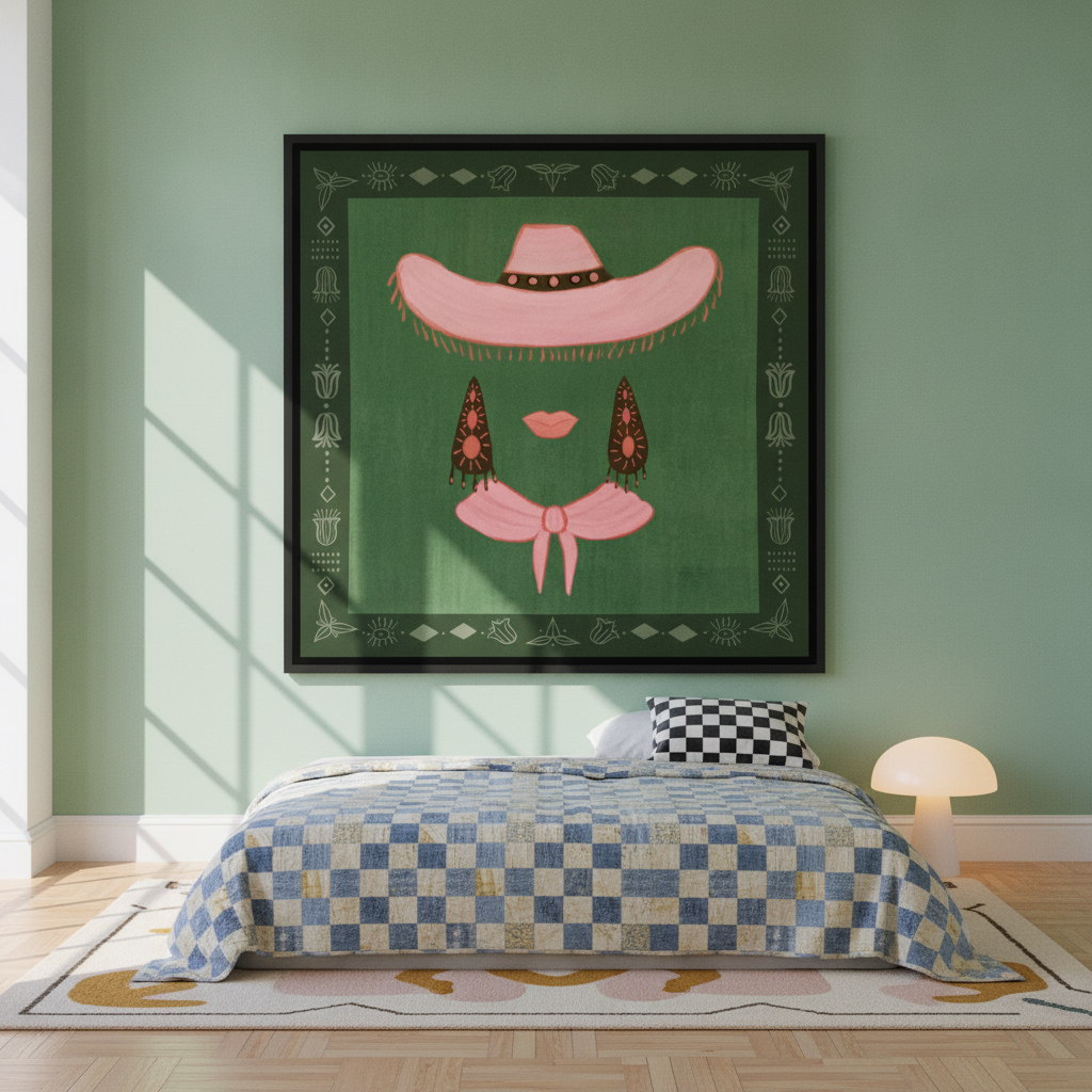 Oversized statement canvas wall art with a black surround styled on the wall in a colourful eclectic bedroom