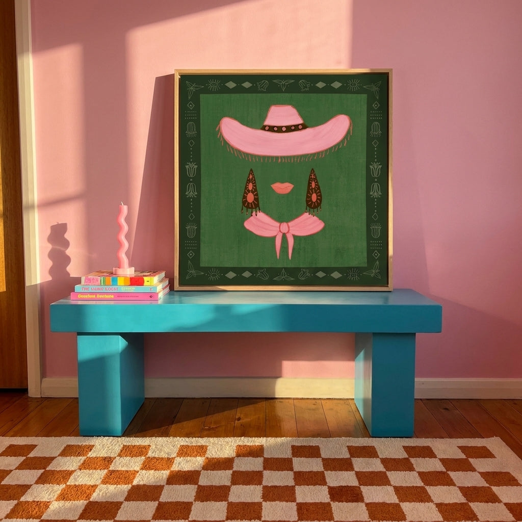 Canvas wall art with a natural timber surround standing on a side table in a colourful eclectic bedroom