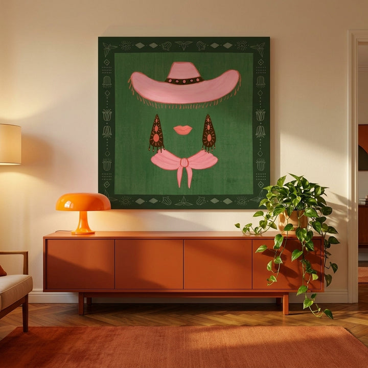 Stretched canvas wall art styled on the wall in a retro 70s living room