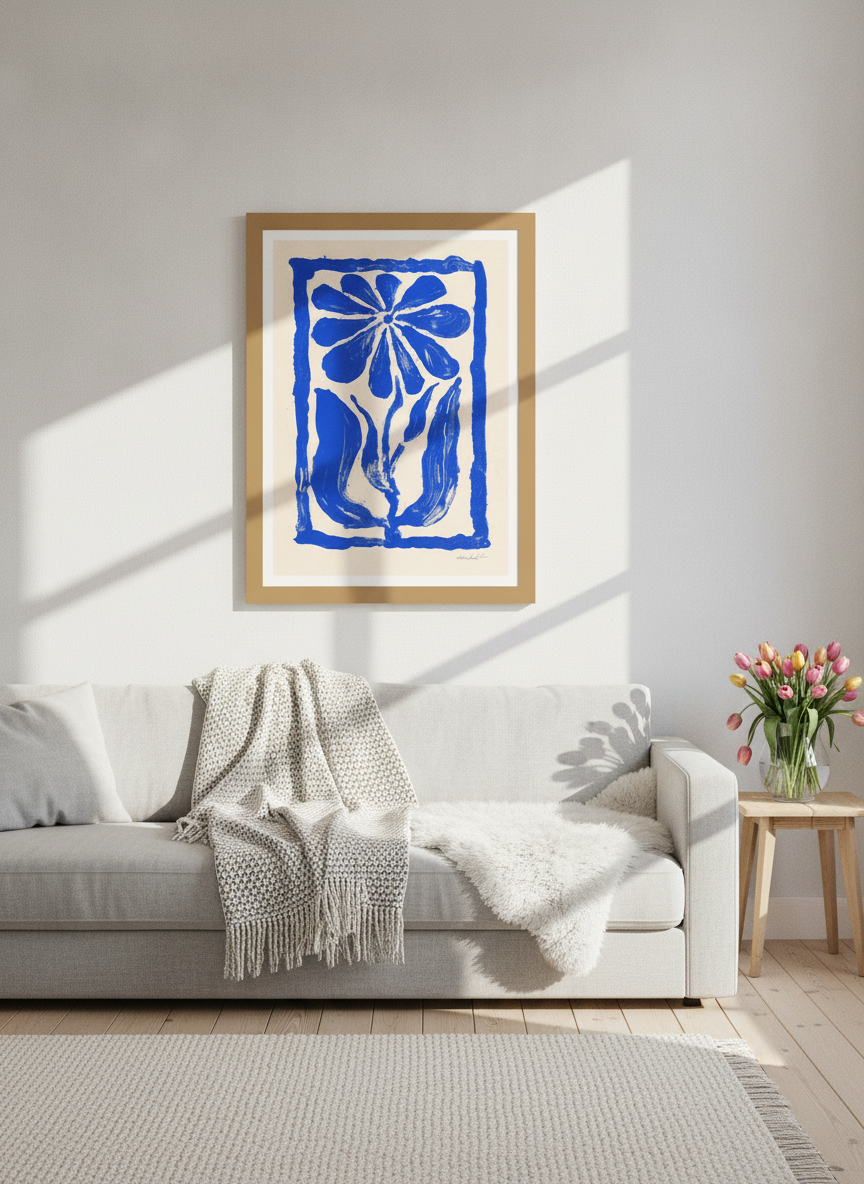 Modern wall art print styled on the wall in a bright Scandinavian living room