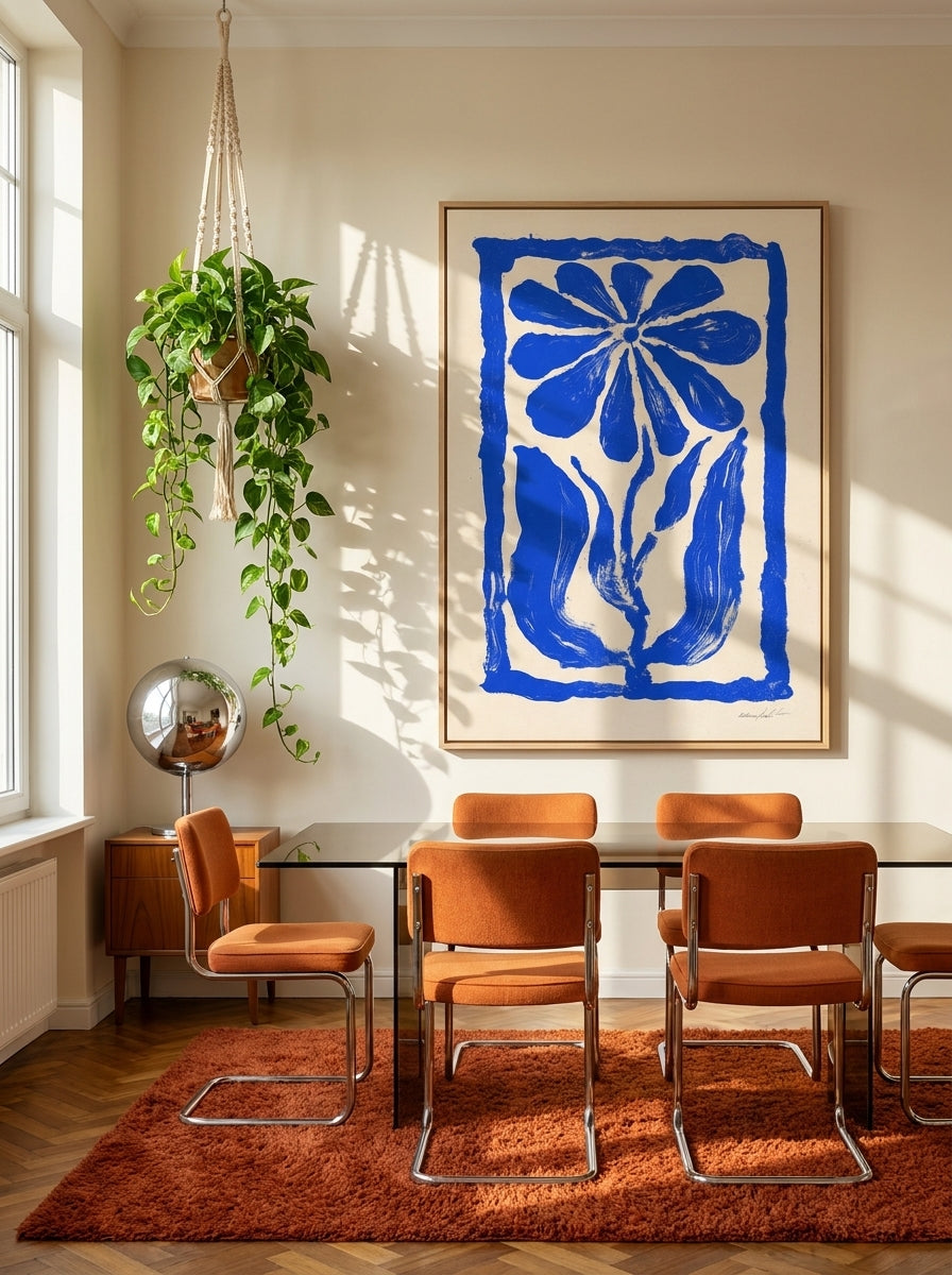 Oversized statement canvas wall art with a natural timber surround styled on the wall in a retro 70s dining room