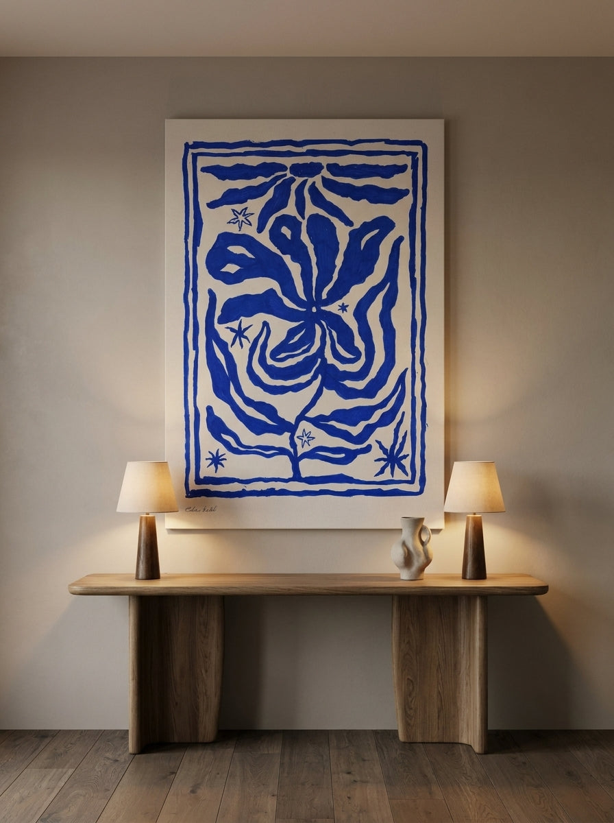 Stretched canvas wall art styled on the wall in a luxe home office