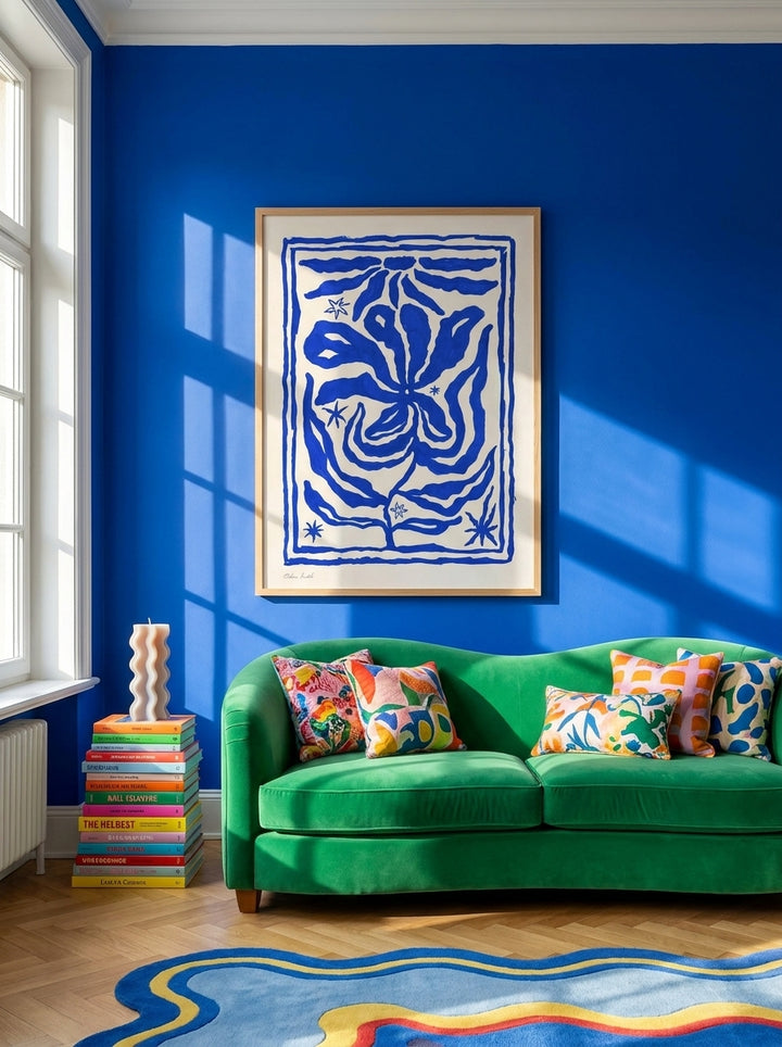 Modern wall art print styled on the wall in a colourful eclectic living room