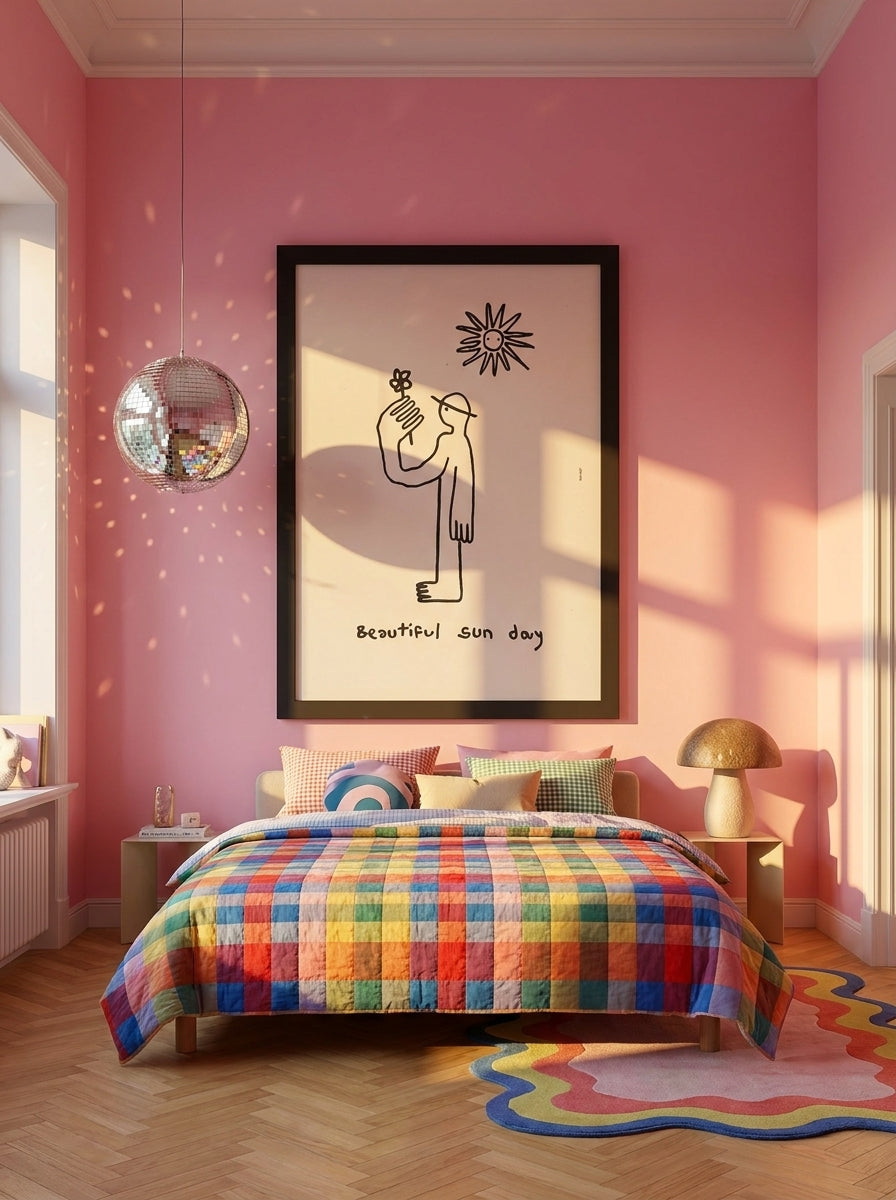 Oversized statement modern wall art print styled on the wall in a colourful eclectic bedroom