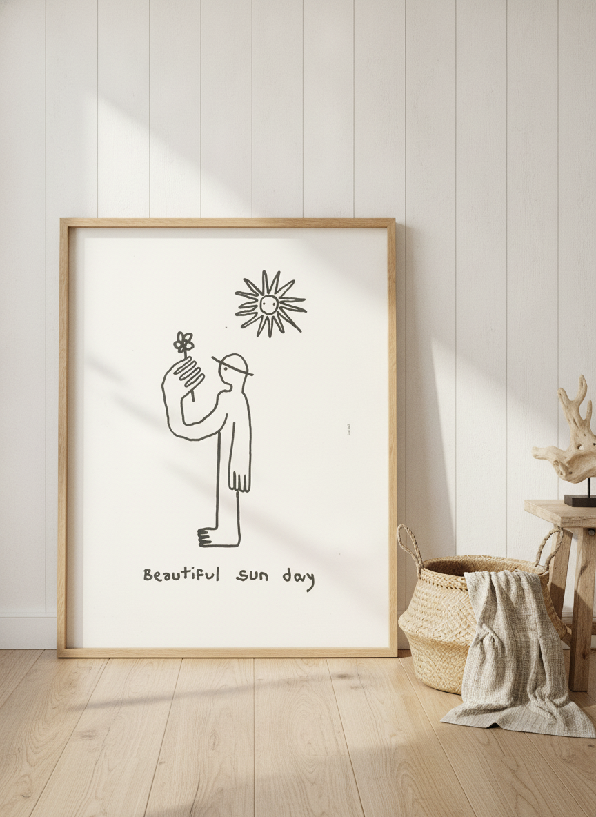Modern wall art print leaning against the wall in a coastal home office