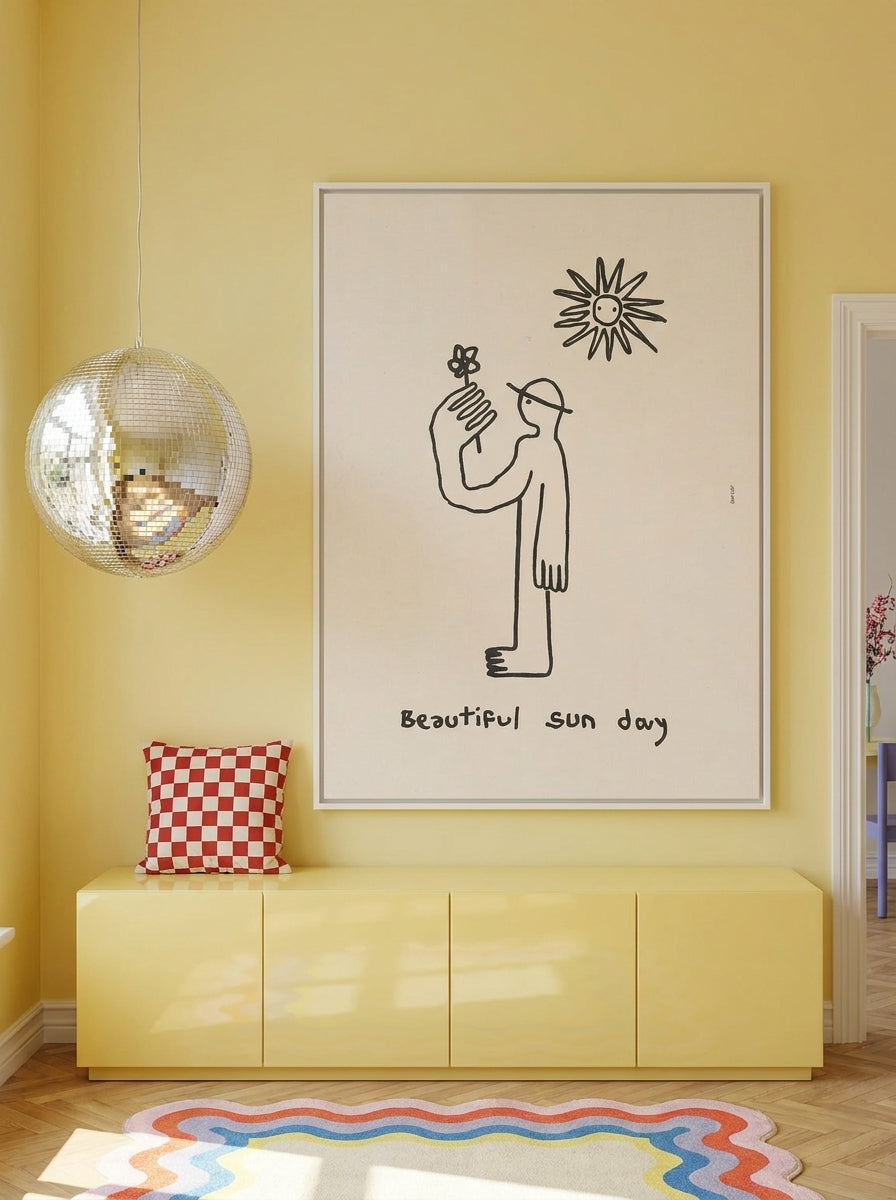 Oversized statement canvas wall art with a white surround styled on the wall in a colourful eclectic living room
