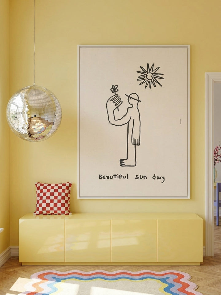 Oversized statement canvas wall art with a white surround styled on the wall in a colourful eclectic living room
