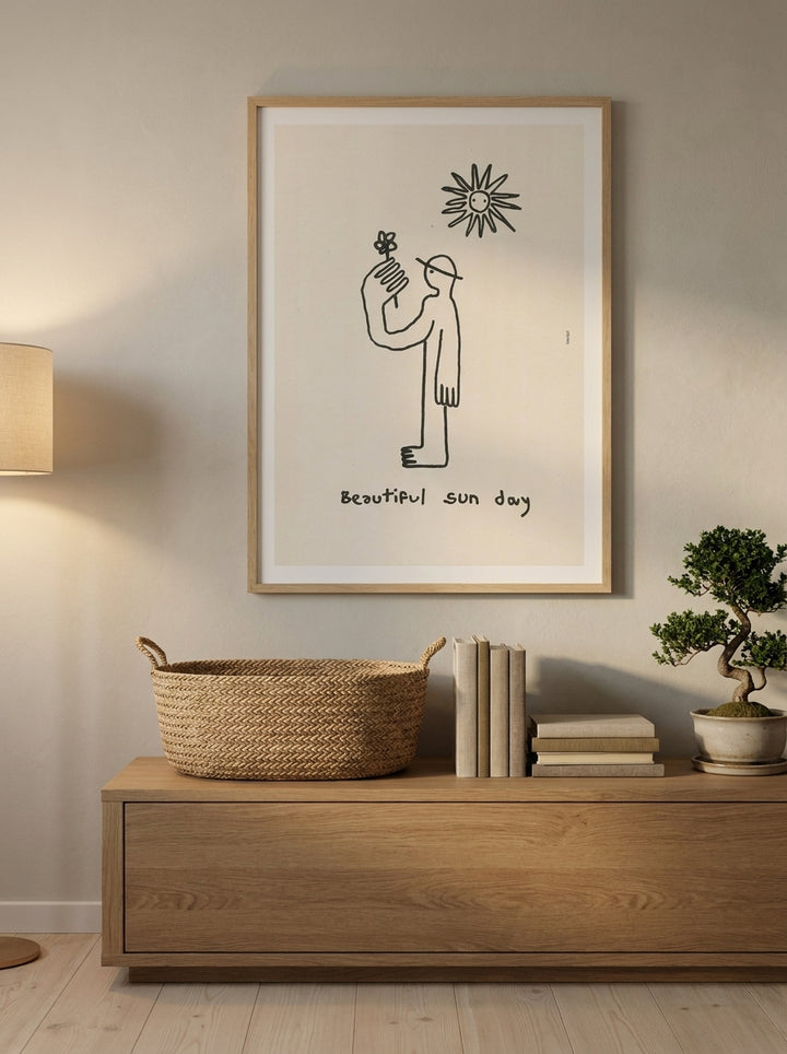 Modern wall art print styled on the wall in a warm Japandi nursery