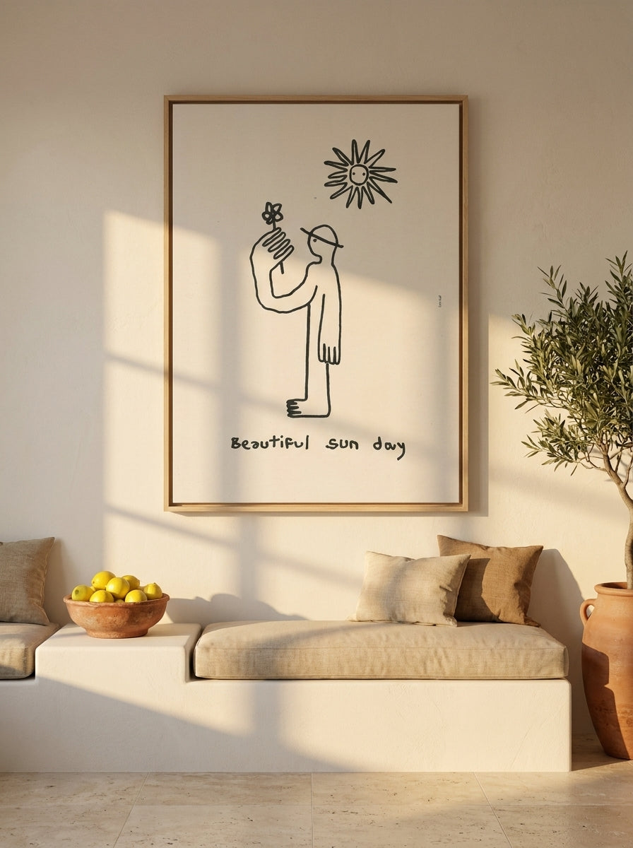 Oversized statement canvas wall art with a natural timber surround styled on the wall in a Mediterranean living room