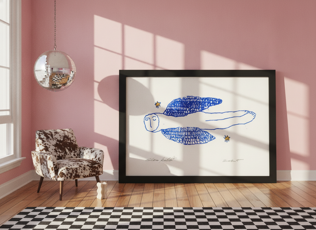 Oversized statement modern wall art print leaning against the wall in a colourful eclectic living room