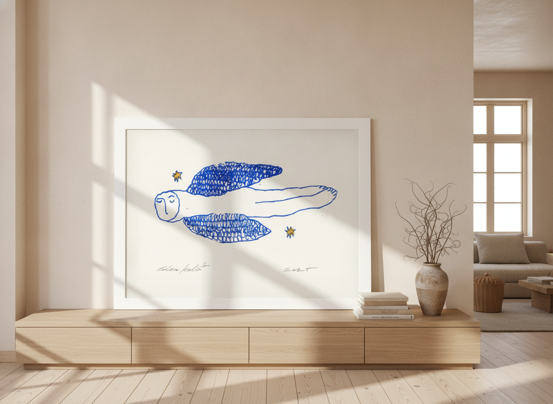 Oversized statement modern wall art print styled on the wall in a warm Japandi living room