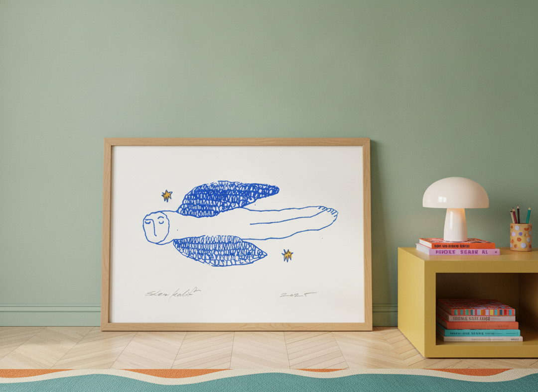 Modern wall art print standing on a side table in a colourful eclectic home office