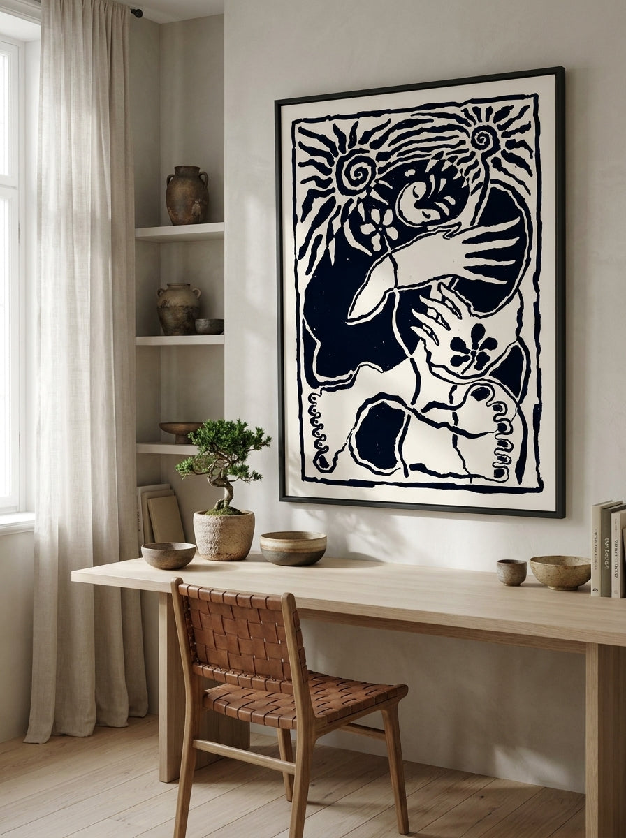 Oversized statement modern wall art print styled on the wall in a warm Japandi home office