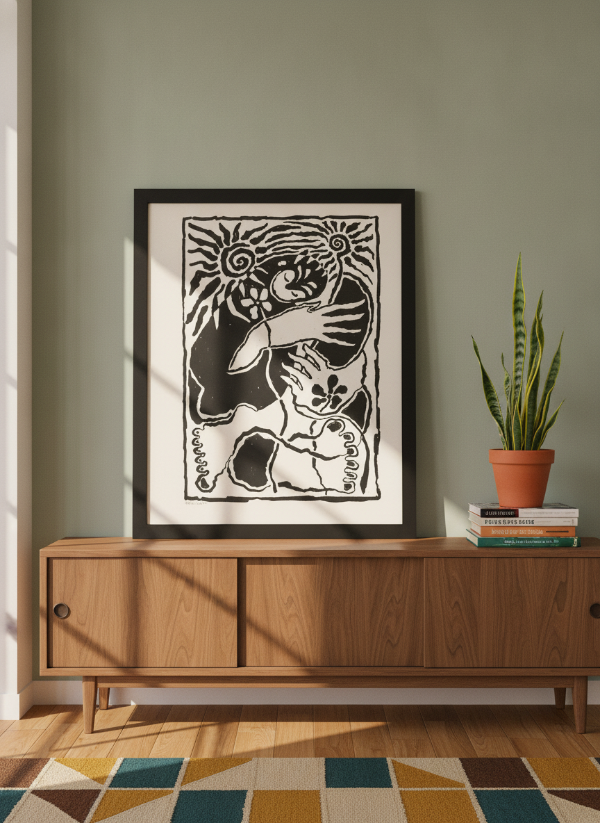 Modern wall art print standing on a sideboard in a mid-century living room