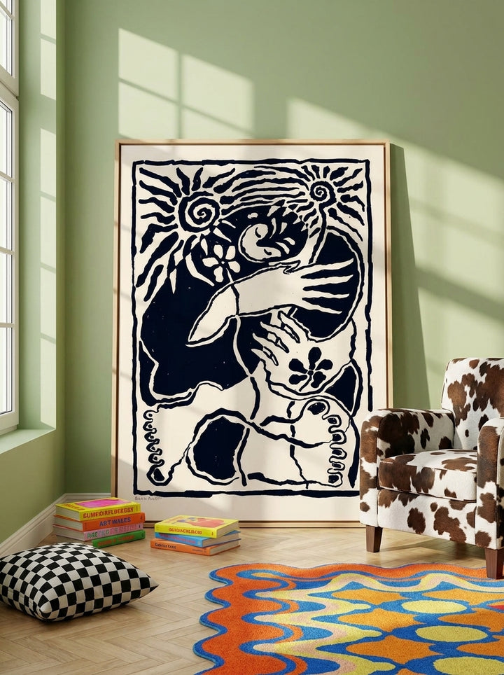 Oversized statement canvas wall art with a natural timber surround leaning against the wall in a colourful eclectic living room