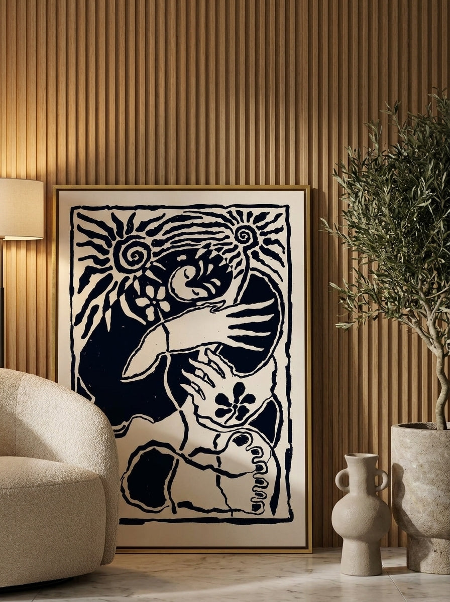 Canvas wall art with a gold leaf surround leaning against the wall in a luxe bedroom