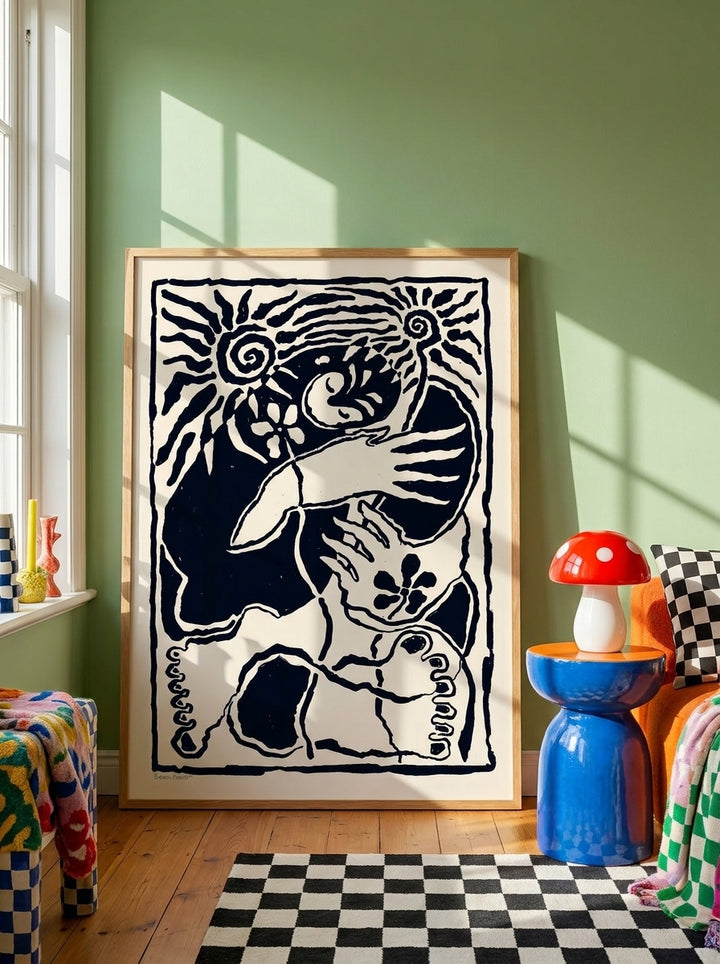 Oversized statement modern wall art print leaning against the wall in a colourful eclectic living room