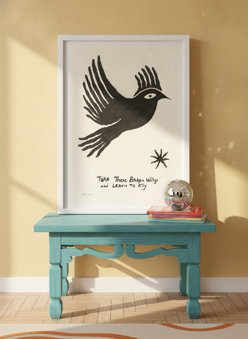 Modern wall art print standing on a side table in a colourful eclectic home office