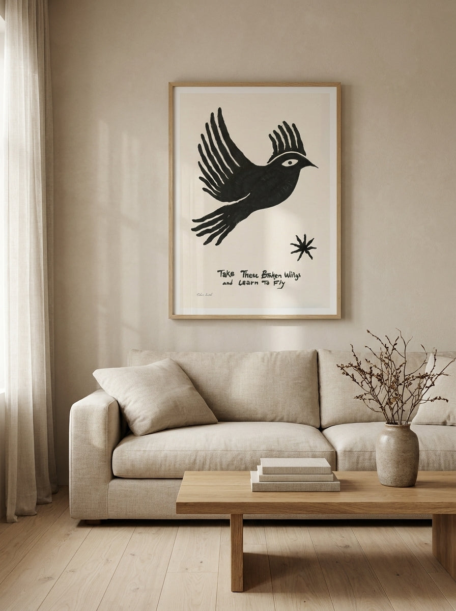 Modern wall art print styled on the wall in a warm Japandi living room