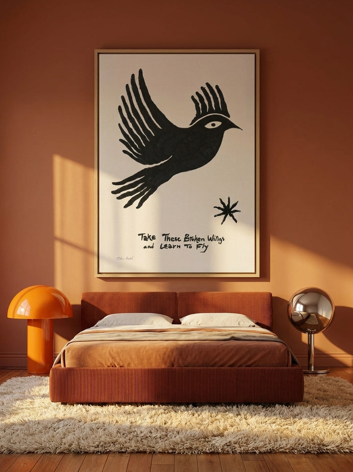Oversized statement canvas wall art with a natural timber surround styled on the wall in a retro 70s bedroom