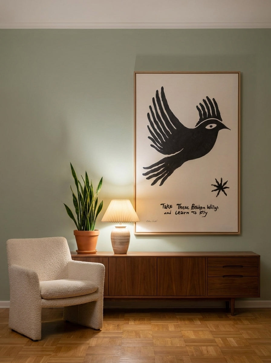 Oversized statement modern wall art print styled on the wall in a mid-century living room
