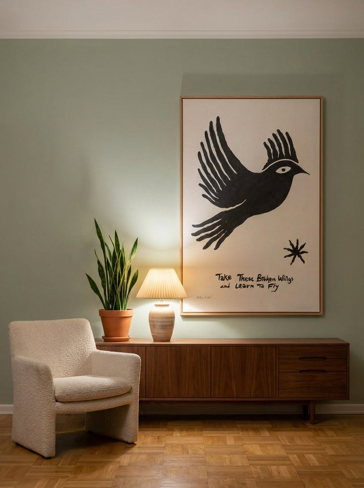 Oversized statement modern wall art print styled on the wall in a mid-century living room