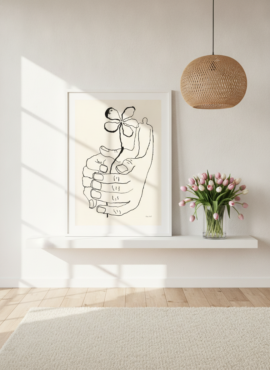 Modern wall art print standing on a shelf in a bright Scandinavian home office