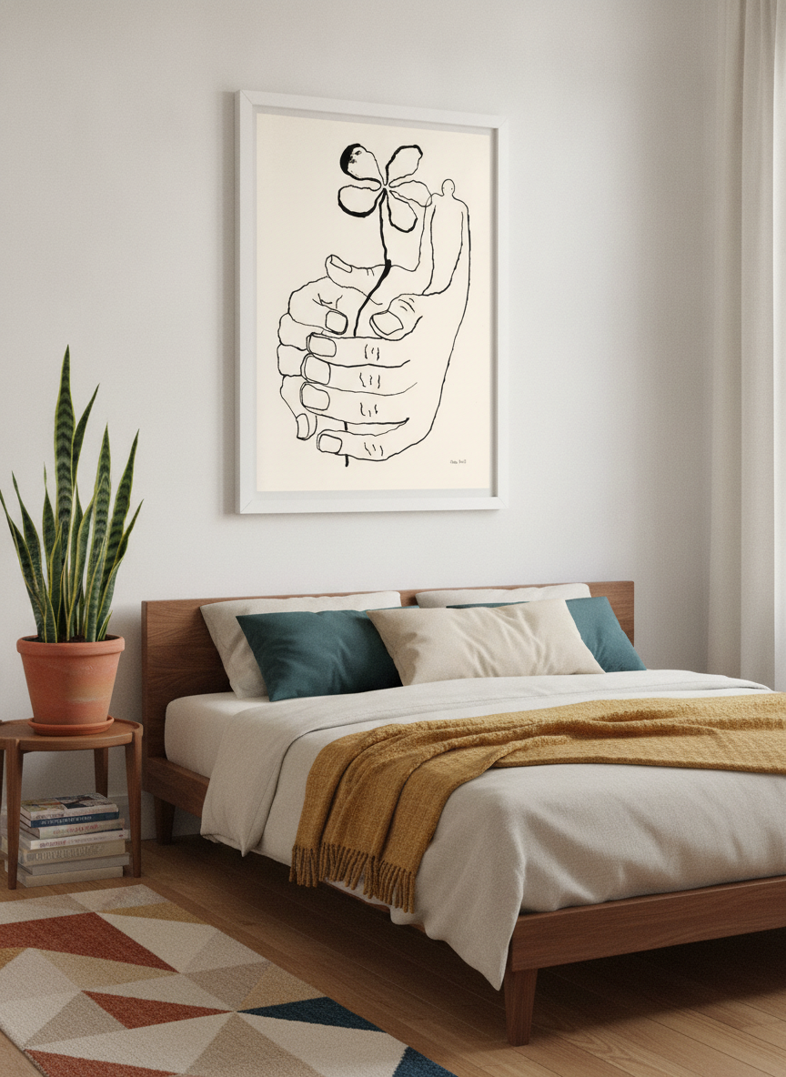 Modern wall art print styled on the wall in a mid-century bedroom