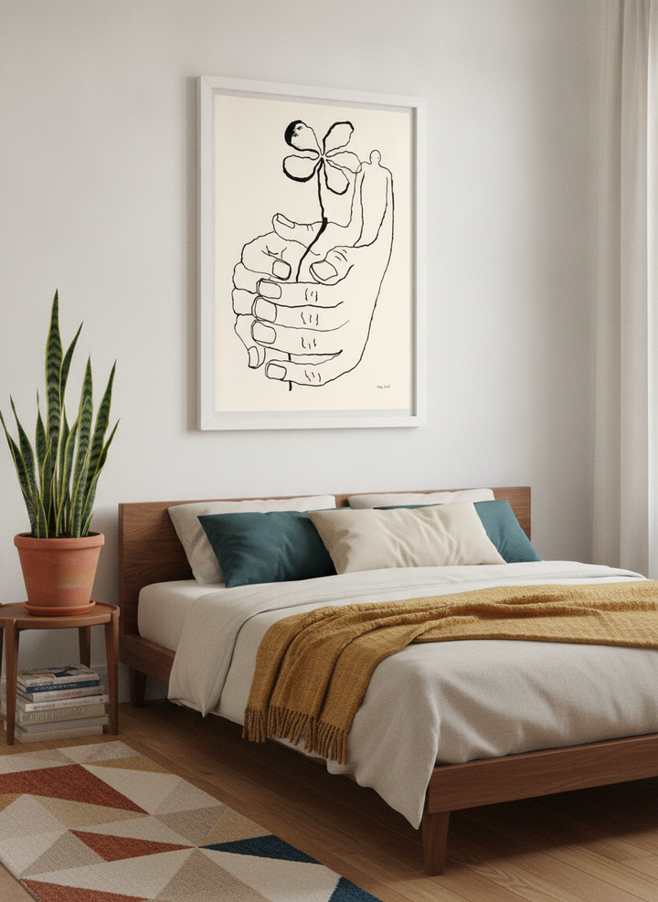 Modern wall art print styled on the wall in a mid-century bedroom