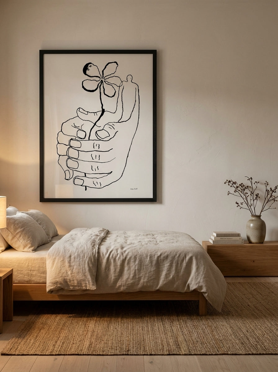 Oversized statement modern wall art print styled on the wall in a warm Japandi bedroom