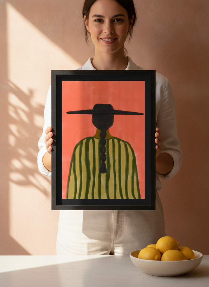 Person holding modern wall art print in a Mediterranean living room