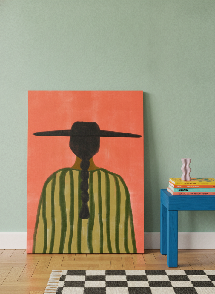 Stretched canvas wall art leaning against the wall in a colourful eclectic dining room