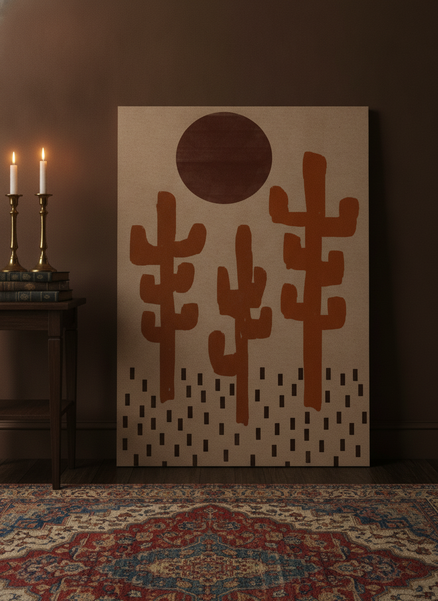Stretched canvas wall art leaning against the wall in a moody home office