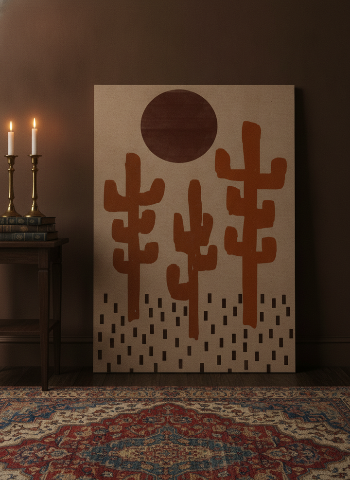 Stretched canvas wall art leaning against the wall in a moody home office