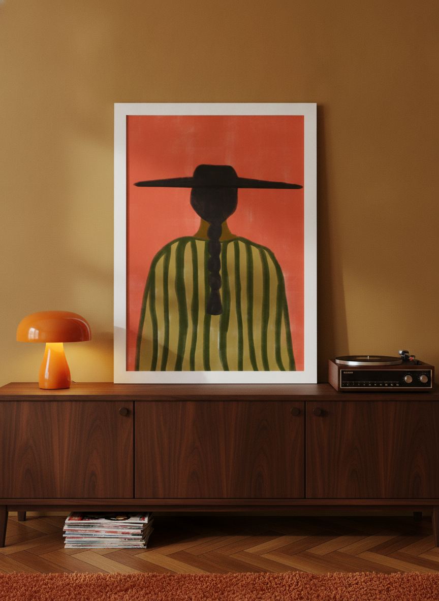 Modern wall art print standing on a sideboard in a retro 70s home office