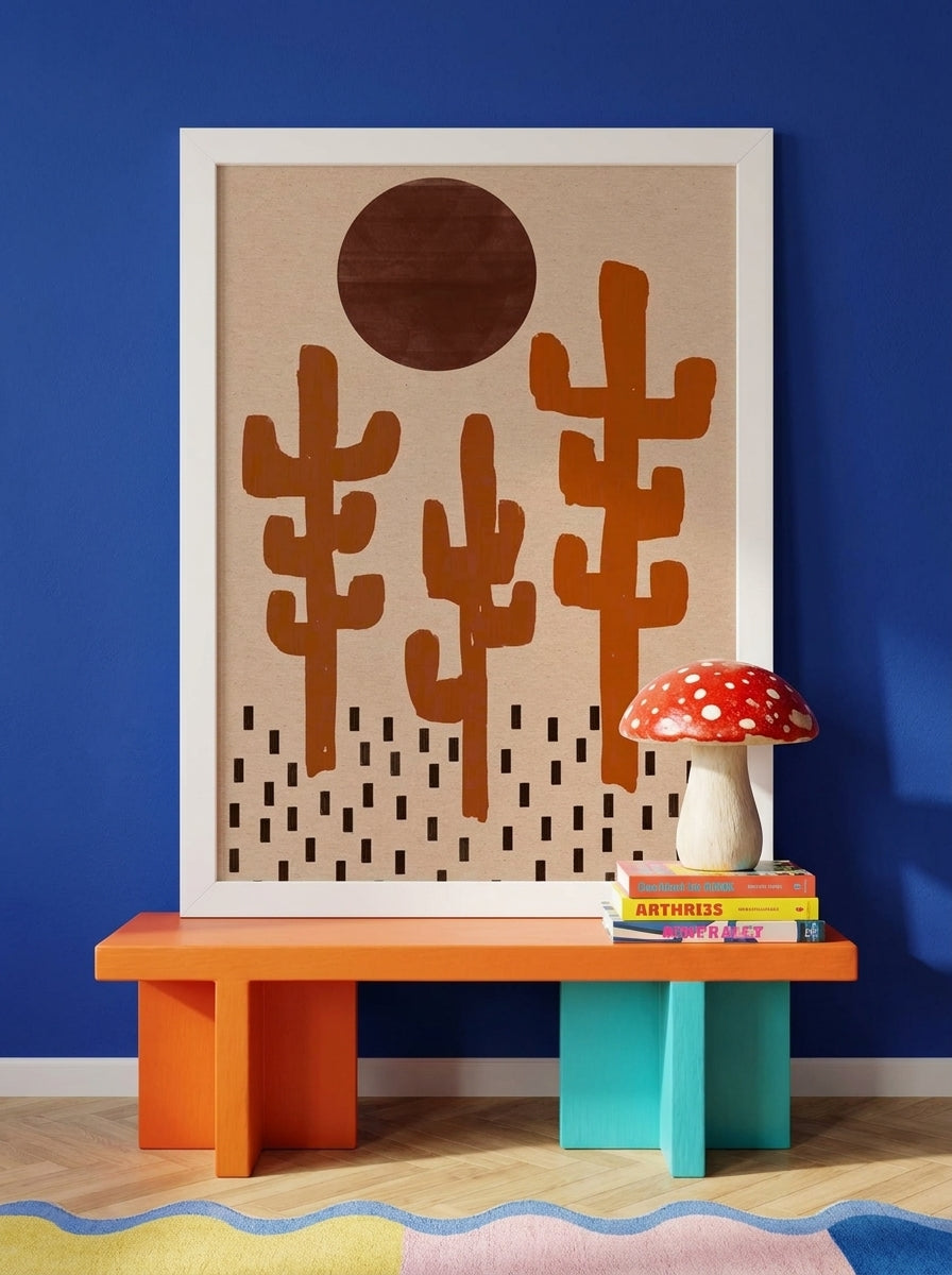 Modern wall art print standing on a side table in a colourful eclectic home office