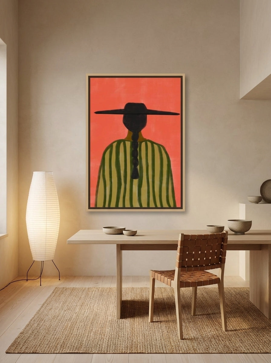 Oversized statement canvas wall art with a natural timber surround styled on the wall in a warm Japandi home office