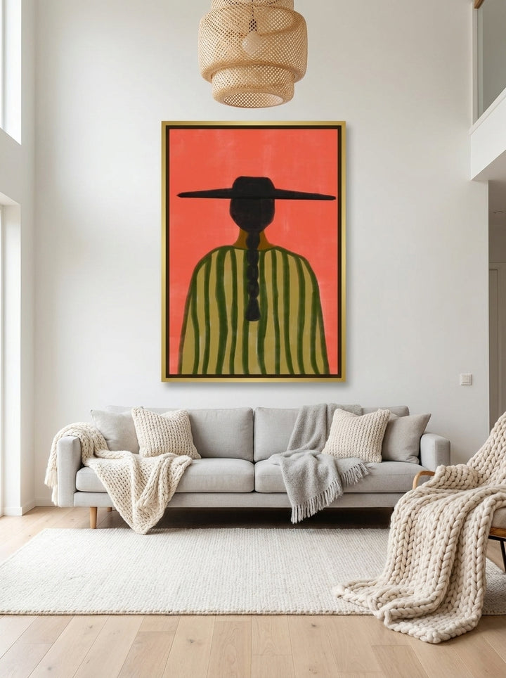 Oversized statement canvas wall art with a gold leaf surround styled on the wall in a bright Scandinavian living room